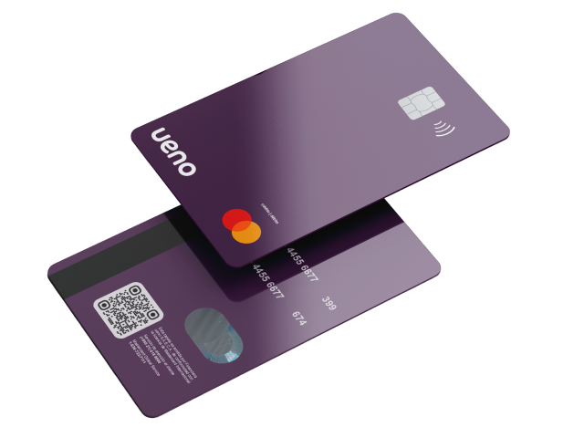 Tarjeta de crédito ueno color violeta, simbolizando promociones de cuotas sin intereses para compras grandes.