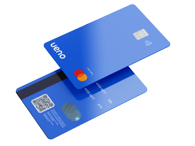 Tarjeta de crédito ueno azul brillante con chip y logo Mastercard, asociada a un programa de puntos y recompensas