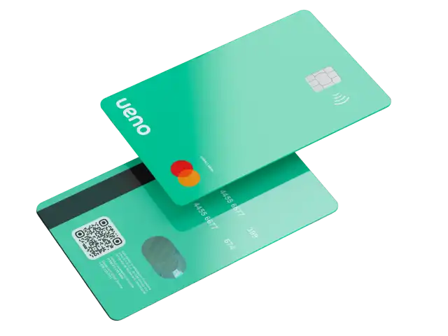 Tarjeta de crédito ueno verde claro con chip y Mastercard, ideal para quienes buscan requisitos fáciles de obtener.
