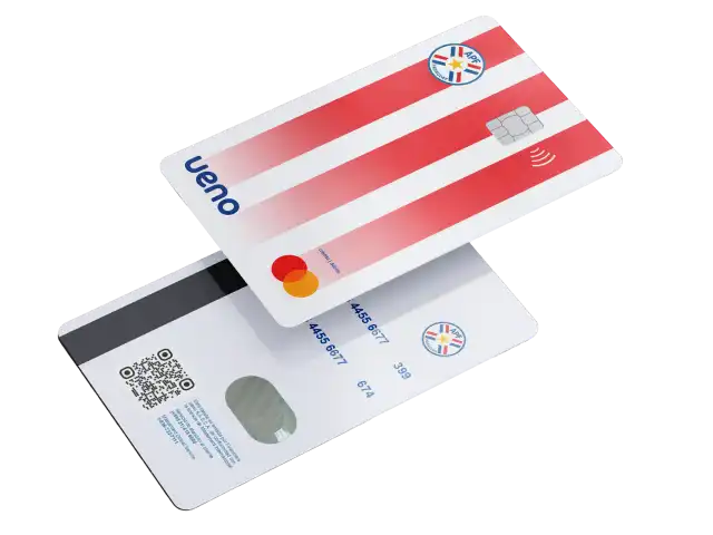 Tarjeta de crédito Albirroja de ueno bank con diseño de franjas rojas y blancas, ideal para compras online y virtual.